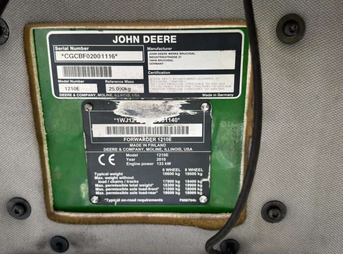Forwarder John Deere 1210E VIN-Schild Forwarder John Deere 1210E tabliczka VIN